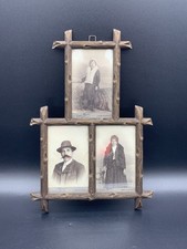 Antique Austrian Black Forest Triptych Photo Frame Wooden Branch Folk Tramp Art picture