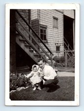 Old Vintage Photo MAN AND TODDLER GIRL IN YARD BY HOUSE FOUND PHOTOGRAPH picture