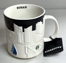 NWT Starbucks Busan Embossed City Skyline Mug White/Black Fireworks Sailboats picture