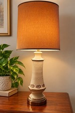 Vtg Mid Century Table Lamp Dotted White Ceramic 50's Gold Floral  Grannycore 32