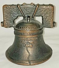 CAST IRON? METAL LIBERTY BELL COIN MONEY BANK BRONZE LOOK PATINA VTG RETRO picture