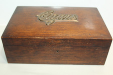 Antique Victorian Oak Cigar Humidor Box Brass Lined Cigars Emblem Script picture