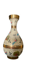 Vintage Brass Enamel Vase Hand Painted Peacock Floral Cream Gold Decorative Urn picture