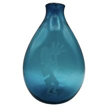 Hand Blown Teal Blue Glass Vase w Etched Frosted Kopaki Signed Kate Everett 7