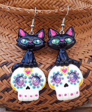 Day of the Dead Earrings Black Kitty Cat & Sugar Skull Handmade Polymer Mexican picture