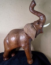 Vintage 13.5x12 Handcrafted Genuine Leather Wrapped Elephant Statue Figurine picture