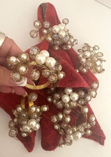 Set of 6 Vtg PEARL Beaded FANCY Wired NAPKIN RINGS Xmas GOLD Seed Bead BRASS GEM picture