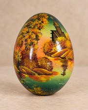 Vintage Russian Hand Painted Lacquer Wood Egg Autumn Church Landscape Signed picture