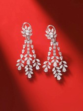 Diamond Floral 14K White Gold Over Elegance Statement Drop Earrings with Clip-On picture