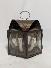 Vintage Tin Candle Lantern 4-Panel Glass Hanging Primitive Colonial 14 in Tall picture