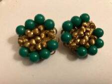 VINTAGE estate green and gold tone cluster bead clip on earrings picture
