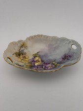 Antique Victorian Hand-Painted Porcelain Pansy Dish - Scalloped Gold Trim Nappy picture