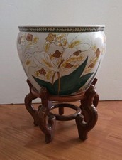 Vintage Chinese Porcelain Fish Bowl Planter - Hand-Painted Lilies & Koi Fish picture
