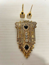 Vintage Gold Tone With Black Accent Earrings and Brooch FC-39-4 picture