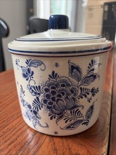 VINTAGE DUTCH DELFT BLAUW ART CERAMIC BLUE/WHITE JAR COVERED CANISTER 6” Tall picture