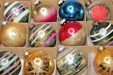 Lot Vintage Glass Striped Pictured Glitter BALL Christmas Ornaments Shiny Brite picture
