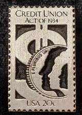 CREDIT UNION ACT OF 1934 PEWTER 20 CENT STAMP HAT LABEL TACK PIN picture