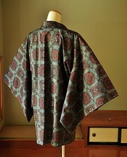 Vintage Japanese Kimono Haori Jacket Tsumugi Silk Black/Red Geometric Pattern picture