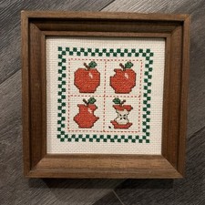 Vintage Counted Crosstitch Apples Wood Frame Cottage Kitchen Decor 80s 90s picture