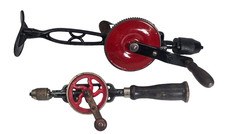 Vintage Hand Crank Drills Lot of 2 Eggbeater Breast Drill Wood Handles Working picture