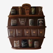 Jack Daniel’s 2002 Legends Wooden Wall Display Shelf w/ 18 Assorted Shot Glasses picture