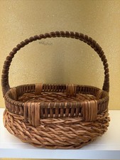 Vintage Warm Two Tone Brown Wicker Basket with Handle And Oval Shape 14x14.5 picture
