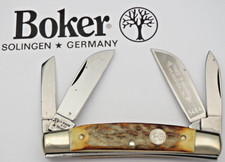 H BOKER Solingen Medium Four Blade Congress Stag Handles - Carbon Steel - Unused picture