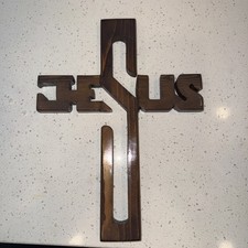 Vintage Handcrafted Thick Wood 14” Cross Sculpture Cut Out Jesus Letters picture