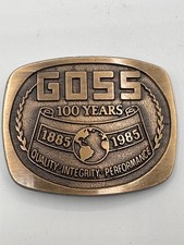 GOSS Printing Press 100 Years Belt Buckle 1885–1985 Baker Made Vintage picture
