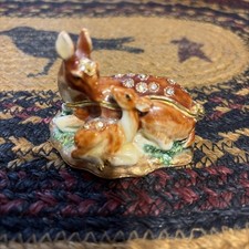 Small Deer Mother Doe with Fawn Jeweled Enamel Trinket / Ring Box picture