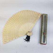 Vintage Japenese Wooden Folding Hand Fan ~ Hand Carved With Original Box picture