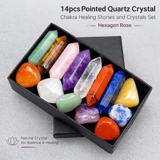 14pcs Pointed Quartz Crystal Chakra Healing Stones and Crystals Set Hexagon Rose picture