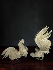 Vintage Brass Fighting Roosters Pair Large Mid Century Rooster Sculptures 4.73lb picture