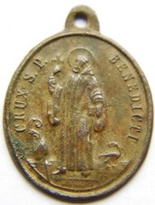 Antique St Benedict Shield Bronze Holy Medal Catholic Patron Exorcism Protection picture