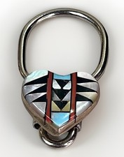 Vtg Navajo Native American Sterling Silver Multi Stone Inlay KeyRing Signed DF picture