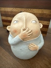 Whimsical Folk Art Resin Figurine Shy Character Blue Cream 5.5 Inch Sculpture picture