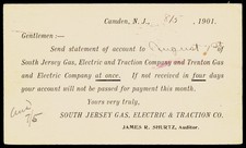 1901 South Jersey Gas Electric Traction Co Camden NJ to JG Brill Postal Card picture