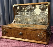 BEST Antique Victorian Tiger Oak Brass Sterling Tantalus Cabinet 3 Decanters Key picture