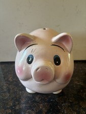 Large Vintage Mid Century Ceramic Fat Belly Big Eyed Pink Piggy Bank picture