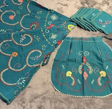 Vintage Portuguese Folk Embroidered Linen Set – Tablecloth, Apron & 6 Napkins picture