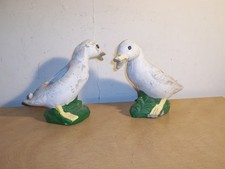 Pair Vintage Petite Weathered Concrete Old Paint Garden Duck Planters 9 1/2