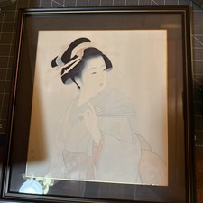 Vintage Japanese Bijin-ga Geisha Woman Parasol Art Print Framed Signed picture