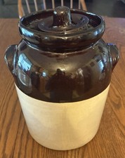 Vintage Stoneware Kitchen Crock – Brown Top Cream Bottom with Lid & Side Handle picture