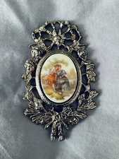 Vintage Oval Miniature Picture Brass Frame Convex Glass Ornate Cameo Fragonard picture