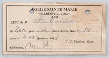 1914 Willimantic CT Connecticut St. Mary's Church Pew Rental Receipt Ephemera picture