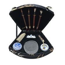 Vintage Chinese Calligraphy Set Fan Shaped Silk Brocade Box 4 Brushes Ink Stone picture