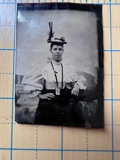 Antique 1880s-1900s Tintype Photo VG Condition Victorian Woman Feathered Hat picture