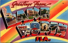 Greetings From Lake Worth Florida Large Letter Linen Postcard 1964 Posted picture