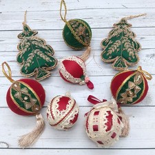 Vtg Victorian Christmas Ornaments Handmade Velvet Lace Gold Trim Tassel Lot of 8 picture