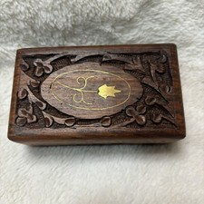 Vtg Hand Carved Wood Brass Inlay Trinket Keepsake Box Made in India picture